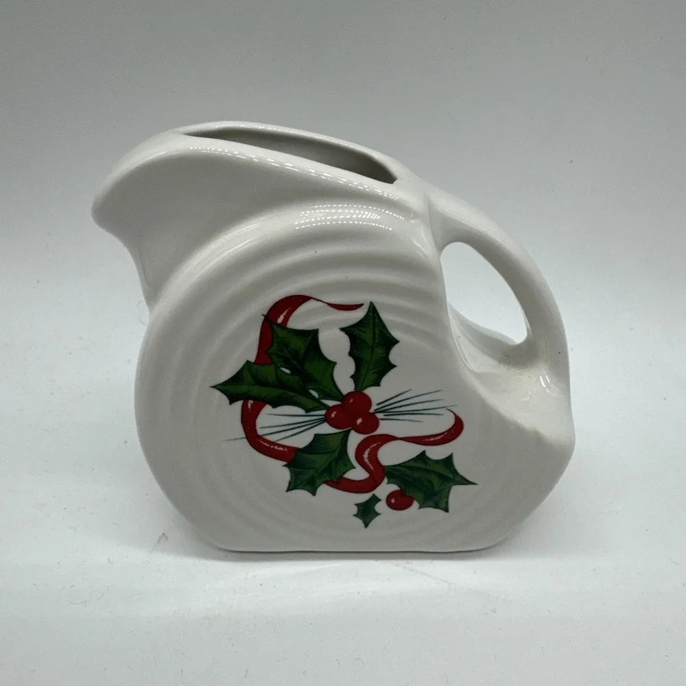 FIESTA Mini Disc Disk Pitcher Holly Ribbon Christmas Creamer White 3.25
